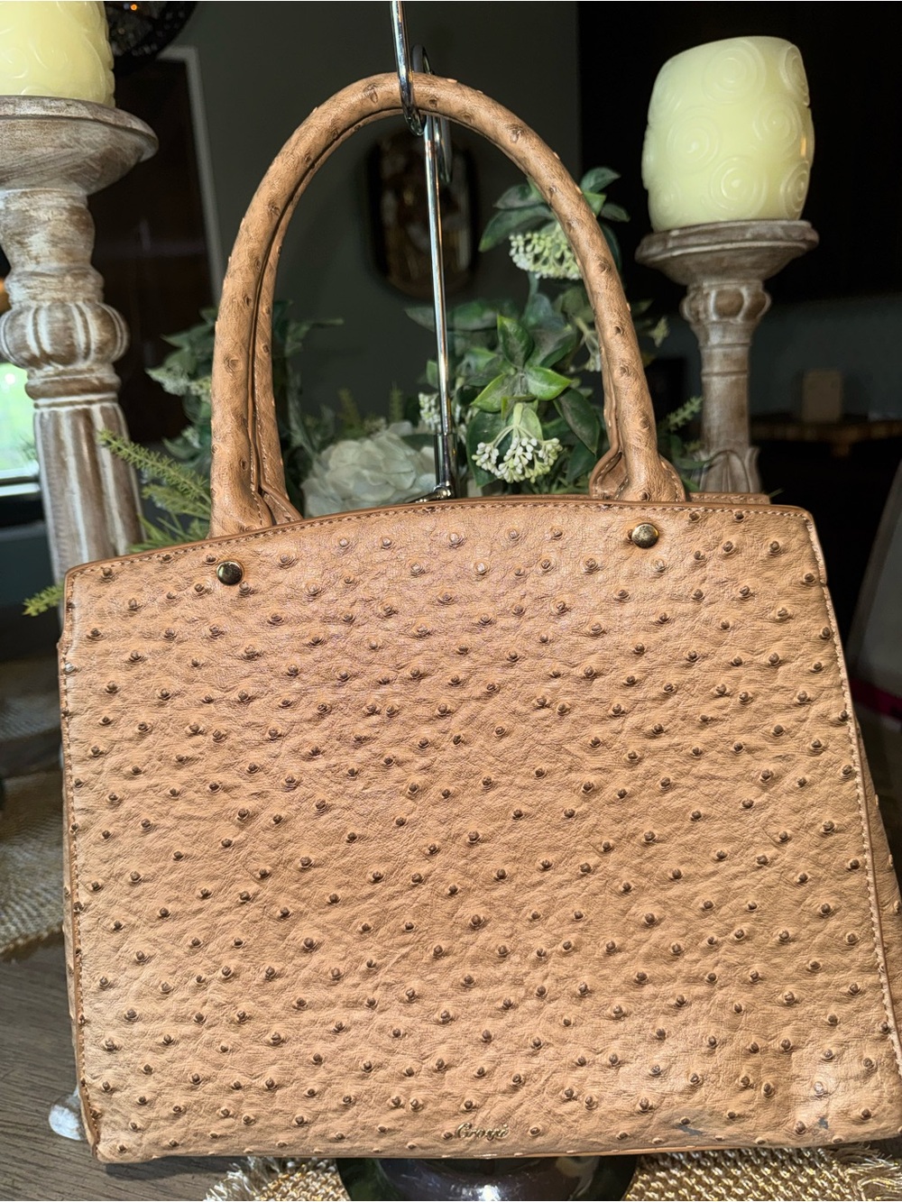 NWOT Bow-Accent Tan Ostrich-Leather Satchel Bag - Stunning ⭐️ - Picture 2 of 5